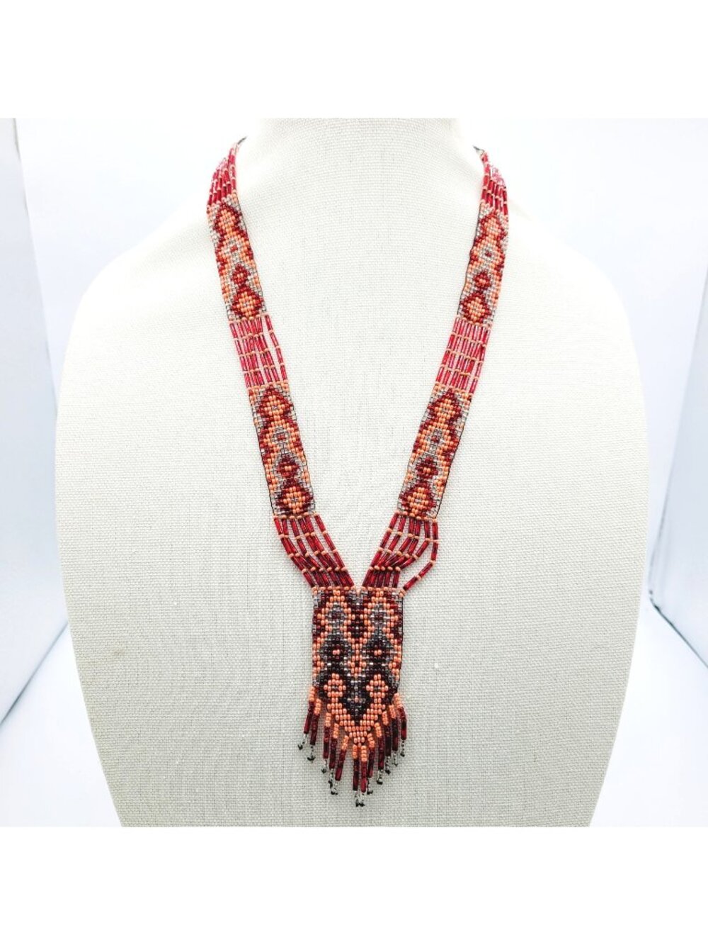 Artisan Ukranian Style "Gerdan" Red Seed Bead Fringe Pendant Necklace Red